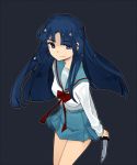  blue_eyes blue_hair knife long_hair school_uniform sear_(artist) simple_background smile suzumiya_haruhi_no_yuuutsu 