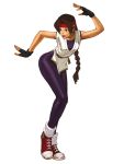  braid brown_hair converse dougi fingerless_gloves footwear gloves headband highres king_of_fighters king_of_fighters_2002 leaning_forward long_hair loose_socks nona official_art ryuuko_no_ken sakazaki_yuri shoes single_braid sneakers snk socks solo spandex taunting tongue yuri_sakazaki 