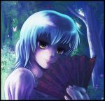  blue_hair butterfly fan felarya folding_fan jewelry karbo lips ring smile solo tree yellow_eyes 