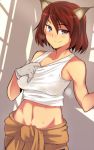  1girl adriana_visconti animal_ears bare_shoulders breasts em gloves looking_at_viewer midriff navel redhead short_hair smile solo strike_witches tank_top violet_eyes 