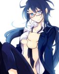  blue_hair creature glasses hair_ornament hairclip miyu_(matsunohara) necktie open_clothes open_shirt original shirt solo twintails 