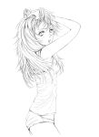  amelie camisole graphite_(medium) hand_in_hair hands_on_head highres lineart long_hair monochrome neon_genesis_evangelion open_mouth panties shikinami_asuka_langley sketch solo soryu_asuka_langley souryuu_asuka_langley traditional_media underwear 
