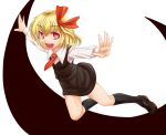  black_legwear blonde_hair dress_shirt fang hair_ribbon kneehighs necktie open_mouth outstretched_arms qbthgry red_eyes ribbon rumia shirt short_hair skirt solo spread_arms the_embodiment_of_scarlet_devil touhou vest youkai 