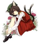  animal_ears brown_hair cat_ears cat_tail chen dekappara_futoriusu earrings floral_background flower hands_on_feet jewelry loafers medio multiple_tails red_eyes shoes short_hair sitting solo tail touhou 