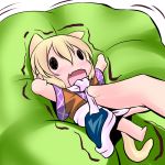  1girl animal_ears bare_legs belly_rub blonde_hair blush cat_ears cat_tail chibi extra_ears fang fingers hoshizuki_(seigetsu) kemonomimi_mode minigirl mizuhashi_parsee on_back open_mouth outstretched_arms pointy_ears puru-see scarf shirt skirt solo tail touhou trembling 