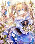 1girl blonde_hair blue_eyes butterfly dress flower hair_flower hair_ornament head_wreath jewelry long_hair necklace original smile solo twintails very_long_hair 