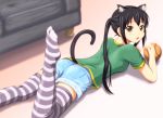  ass ball black_hair brown_eyes casual cat_ears denim denim_shorts diesel-turbo feet k-on! long_hair looking_back lying nakano_azusa on_stomach shorts socks striped striped_legwear striped_thighhighs tail thighhighs twintails 