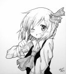  1girl artist_name ascot blush bust clown_222 graphite_(medium) hair_ribbon hands highres looking_at_viewer monochrome open_mouth ribbon rumia short_hair sketch smile solo touhou traditional_media wink 