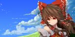  bare_shoulders bow brown_hair bust cloud clouds face frown glaring hair_bow hair_tubes hakurei_reimu long_hair red_eyes sky solo touhou wind yoo_(pixiv630924) yoo_(tabi_no_shiori) 