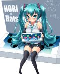  aqua_eyes aqua_hair bad_id blush controller detached_sleeves game_controller hatsune_miku highres imazon long_hair necktie project_diva project_diva_2nd sitting skirt solo thigh-highs thighhighs twintails very_long_hair vocaloid 