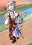  :o blue_eyes blue_hair blush bow child cirno daruia_(sabitare) dress dress_shirt fang fujiwara_no_mokou grab grabbing hair_bow highres long_hair multiple_girls open_mouth pants red_eyes shirt short_hair silver_hair suspenders touhou very_long_hair wings 