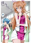  ? bare_shoulders blue_eyes blue_hair brown_hair drinking gym houjou_hibiki indoors long_hair multiple_girls nakahira_guy nishijima_waon precure short_hair shorts suite_precure thinking twintails two_side_up volleyball_uniform water 