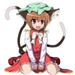  animal_ears blush bow bowtie brown_eyes brown_hair cat_ears cat_tail chen earrings jewelry mary_janes multiple_tails nana_stars shoes short_hair sitting solo tail touhou v_arms wariza 