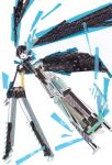  1girl abstract arm_cannon black_hair black_rock_shooter black_rock_shooter_(character) boots jacket midriff navel open_mouth short_shorts solo syoring traditional_media twintails 