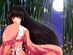  bamboo bamboo_forest bangs black_hair blunt_bangs bow forest full_moon hand_over_mouth hoshino_yami houraisan_kaguya long_hair moon nature petals red_eyes solo touhou very_long_hair wallpaper wide_sleeves 