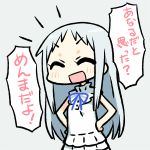  :d bow chan_co chibi closed_eyes dress eyes_closed hands_on_hips honma_meiko long_hair open_mouth ribbon silver_hair smile solo translated translation_request 