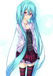  aqua_hair ayatudura glasses hatsune_miku jewelry kocchi_muite_baby_(vocaloid) long_hair necklace project_diva project_diva_2nd red_eyes skirt smile solo striped striped_legwear thigh-highs thighhighs twintails very_long_hair vocaloid 