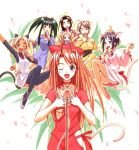  ahoge akamatsu_ken alternate_hairstyle animal_ears aoyama_motoko breasts casual cat_ears kaolla_su konno_mitsune love_hina maehara_shinobu microphone microphone_stand multiple_girls narusegawa_naru off_shoulder otohime_mutsumi sarah_mcdougal singing tama_(love_hina) thigh-highs thighhighs turtle twintails under_boob underboob 