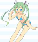  :d blue_eyes blush female front-tie_top girl green_hair highres leaning_forward long_hair looking_at_viewer open_mouth original oza_watto salute side-tie_bikini smile solo standing swimsuit twintails 