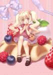  bag blonde_hair blueberry bobby_socks bow dress food food_as_clothes food_themed_clothes frills fruit highres jewelry long_hair mary_janes nana_mikoto open_mouth original oversized_object pendant purple_eyes raspberry shoes sitting socks solo strawberry twintails violet_eyes waffle 