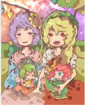  blue_eyes chibi fangs flandre_scarlet flower glisten green_hair hong_meiling kazami_yuuka komeiji_satori purple_eyes purple_hair red_eyes red_hair redhead sunflower touhou v violet_eyes youkai 