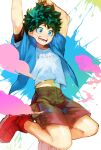  1boy :d absurdres alternate_costume arms_up bangs blue_jacket boku_no_hero_academia brown_pants feet_up freckles gradient gradient_background green_background green_eyes green_hair grey_shirt highres jacket jumping male_focus midoriya_izuku midriff multicolored_hair open_mouth paint_splatter pants pink_background red_footwear shirt shoes short_sleeves shorts smile solo suzumetarou teeth translation_request two-tone_hair 