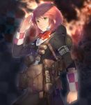  asa_(y-asa) blonde_hair checkered checkered_background dagger emblem fire green_eyes hammer_and_sickle hat holster light_smile lips military military_uniform original salute short_hair solo uniform weapon 