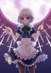  apron blue_dress bow braid dress full_moon hair_bow izayoi_sakuya knife koto_(colorcube) looking_at_viewer maid moon night pantyhose pocket_watch silver_hair smile solo star_(sky) throwing_knife touhou twin_braids waist_apron watch weapon 