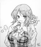  1girl artist_name ascot blush breasts bust clown_222 dress_shirt finger_to_mouth flower graphite_(medium) highres holding holding_flower kazami_yuuka large_breasts looking_at_viewer monochrome shirt short_hair sketch smile solo touhou traditional_media vest 