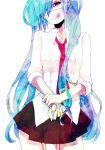  aqua_hair bad_id blood hair_over_one_eye hatsune_miku head_tilt loalo long_hair necktie simple_background skirt solo surgical_mask twintails very_long_hair vocaloid white-lily-0810 