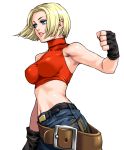  bare_shoulders belt beltskirt blonde_hair blue_eyes blue_mary breasts clenched_hand fatal_fury fingerless_gloves fist gloves halterneck impossible_clothes impossible_clothing impossible_shirt jeans king_of_fighters large_breasts midriff muscle nakano_tomokazu navel shirt short_hair sleeveless sleeveless_turtleneck snk solo tank_top turtleneck 