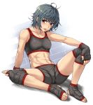 abs arm_support athletic bad_id bare_shoulders barefoot bike_shorts black_hair blue_hair blush breasts brown_eyes collarbone crotch face feet female fingerless_gloves gloves hand_on_knee hands highres midriff muscle navel open_mouth original pirano short_hair shorts simple_background sitting smile solo sports_bra sweat toeless_socks toes
