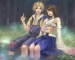  1boy 1girl blue_eyes brown_hair closed_eyes couple detached_sleeves eyes_closed feet_in_water female final_fantasy final_fantasy_x habbitrot happy hoodie japanese_clothes jewelry male necklace open_mouth short_hair shorts sitting skirt smile soaking_feet tidus water yuna 
