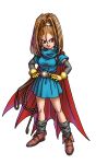  belt cape dragon_quest dragon_quest_vi earrings elbow_gloves forehead gloves hands_on_hip hands_on_hips high_ponytail highres hips jewelry long_hair official_art orange_hair ponytail simple_background skirt solo standing toriyama_akira whip 