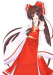  bad_id bow brown_hair detached_sleeves hair_bow hakurei_reimu hand_on_hip japanese_clothes long_hair miko niboss open_mouth red_eyes solo touhou very_long_hair 