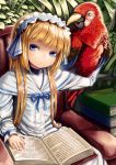  aratama bad_id bird blonde_hair blue_eyes book chair child female frown hairband headdress highres lolita_fashion long_hair macaw original parrot payot red-and-green_macaw sitting solo 