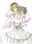  animal_ears bare_shoulders blonde_hair blush bow bridal_veil carrying closed_eyes daruia_(sabitare) dress eyes_closed grey_hair hair_ornament happy highres jewelry mouse mouse_ears mouse_tail multiple_girls nazrin open_mouth pendant princess_carry red_eyes short_hair sleeveless sleeveless_dress tail tears toramaru_shou touhou veil wedding wedding_dress 