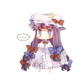  1girl bad_id blush bow chibi crescent dress hair_bow hat long_hair pasutel patchouli_knowledge pink_dress purple_eyes purple_hair solo standing touhou very_long_hair violet_eyes 