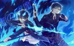  ao_no_exorcist bad_id brothers dual_wielding glasses gun male mg_(3458) military military_uniform multiple_boys okumura_rin okumura_yukio pointy_ears siblings sword uniform weapon 