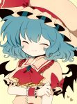 ascot bad_id bat_wings blue_hair bow brooch bust closed_eyes eyes_closed fang haru_(kyou) hat heart jewelry remilia_scarlet short_hair smile solo touhou wings wrist_cuffs 