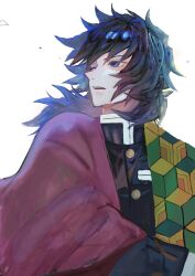  1boy 5edaa black_hair black_jacket blue_eyes buttons commentary_request demon_slayer_uniform gold_buttons hair_between_eyes haori high_collar jacket japanese_clothes kikkoumon kimetsu_no_yaiba long_hair male_focus parted_lips print_haori red_haori simple_background solo spiky_hair teeth tomioka_giyuu upper_body upper_teeth_only white_background 