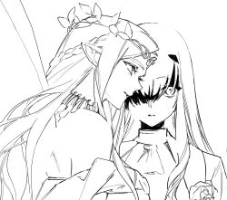  2girls aurora_(fate) braid circlet fairy fate/grand_order fate_(series) hair_between_eyes hair_ornament hairclip half_up_braid highres jewelry long_hair looking_at_viewer melusine_(fate) monochrome multiple_girls necklace pointy_ears qiminghaonan99820 simple_background upper_body white_background wings 