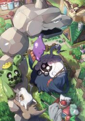  beak berry_(pokemon) bird bone broken_eyewear bug building bulbasaur cacnea closed_eyes closed_mouth commentary_request crack cubone disc ditto endo_saya_8 fence flower flying glasses grass gulpin highres holding holding_bone holding_stick leppa_berry no_humans oddish onix open_mouth outdoors pidgey pinsir plant poke_ball poke_ball_(basic) pokemon pokemon_(creature) pokemon_center pokemon_focus pokemon_pokopia professor_tangrowth round_eyewear skull skull_on_head smile solid_circle_eyes stick substitute_(pokemon) tangrowth tm_(pokemon) tree venomoth vileplume vines water waterfall wheelbarrow wings 