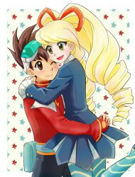  1boy 1girl blonde_hair blue_pantyhose bow brown_eyes brown_hair commission drill_hair eyewear_on_head fingerless_gloves geo_stelar_(mega_man) gloves green_eyes hair_bow hug long_hair luna_platz_(mega_man) mega_man_(series) mega_man_star_force_(series) open_mouth orange_bow pantyhose red_gloves red_shirt shirt smile star_(symbol) star_symbol_background striped_clothes striped_pantyhose tsaianda twin_drills very_long_hair 