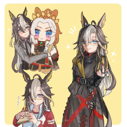  1girl animal_ear_fluff animal_ear_piercing animal_ears belt black_belt black_pants blue_eyes character_doll chewing doll dream_journey_(casual)_(umamusume) dream_journey_(reminder_of_dreamland)_(umamusume) dream_journey_(umamusume) ear_ornament eating eyewear_strap food food_in_mouth gem glasses grey_hair grey_shirt heart highres holding holding_doll holding_stuffed_toy horse_ears horse_girl horse_tail jacket jewelry multicolored_hair multiple_rings orfevre_(control)_(umamusume) orfevre_(umamusume) pants pointing pointing_at_viewer purple_gem red_shirt red_x ribbon ring sandwich shirt silver_chain simple_background songdu sparkle streaked_hair stuffed_toy tail tracen_training_uniform umamusume white_hair white_streaks x_(symbol) yellow_background 