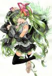  absurdres detached_sleeves green_eyes green_hair hair_ornament hair_ribbon hatsune_miku headphones highres issun_boushi legs long_hair microphone microphone_stand necktie ribbon shoes skirt smile sneakers solo thigh-highs thigh_highs thighhighs traditional_media twintails very_long_hair vocaloid watercolor_(medium) white wings zettai_ryouiki 