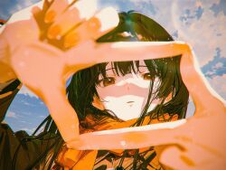  1girl black_coat black_hair blunt_bangs brown_eyes character_request clouds coat copyright_request expressionless finger_frame highres lens_flare long_hair looking_at_viewer orange_scarf portrait scarf shiomi_(lowrise) sky solo 