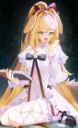1girl :d animal_ears arknights black_ribbon black_shoes blonde_hair blue_eyes blurry blurry_background book brigid_(arknights) brigid_(bedtime_story)_(arknights) chinese_commentary commentary_request dog_ears dog_girl dog_tail dress fingernails flower full_body hairband hand_up highres holding holding_book legs long_hair long_sleeves looking_at_viewer majo_(pastamajo) official_alternate_costume open_mouth purple_hairband purple_socks ribbon shoes sitting smile socks solo tail thighs white_dress white_flower