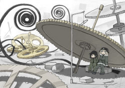  2girls abstract_background absurdres anniversary arm_support black_hair black_hat blonde_hair blush boots chito_(shoujo_shuumatsu_ryokou) commentary_request fish gears green_jacket green_pants grey_eyes hands_on_own_face hat head_rest highres hood hooded_jacket jacket military_hat multiple_girls official_art open_mouth outdoors pants pole shadow shoujo_shuumatsu_ryokou sitting tsukumizu yuuri_(shoujo_shuumatsu_ryokou) 