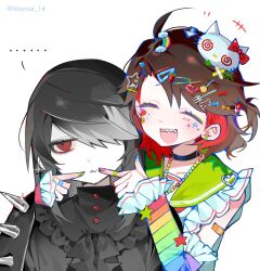  2girls :d ahoge ascot bandaid bandaid_on_arm bead_necklace beads black_ascot black_choker black_hair blush blush_stickers braces brown_hair cat_hair_ornament choker closed_eyes collar colored_inner_hair colored_tips decora detached_sleeves earrings eyeshadow face-to-face fingers_to_cheeks frilled_collar frilled_cuffs frilled_shirt_collar frills genderswap genderswap_(mtf) gothic_lolita green_eyeshadow green_sailor_collar hair_ornament hair_over_eyes hairclip hands_on_another's_cheeks hands_on_another's_face highres jewelry lolita_fashion long_bangs long_hair makeup multicolored_hair multiple_girls multiple_hairclips nayaur0903 necklace ooe_(game) oosaki_(ooe) rainbow_print red_eyes ring sailor_collar sharp_teeth shiodome_(ooe) short_hair shoulder_spikes sidelocks smile spikes squeezing sticker swept_bangs teeth too_many_hair_ornaments twintails upper_body 